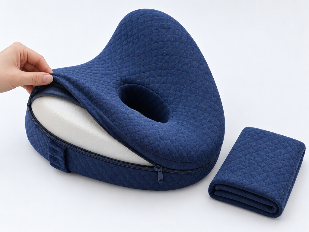 [siderest:cover] A hand unzipping the navy SideRest cover to reveal the inner cushion, with a folded cover beside it.