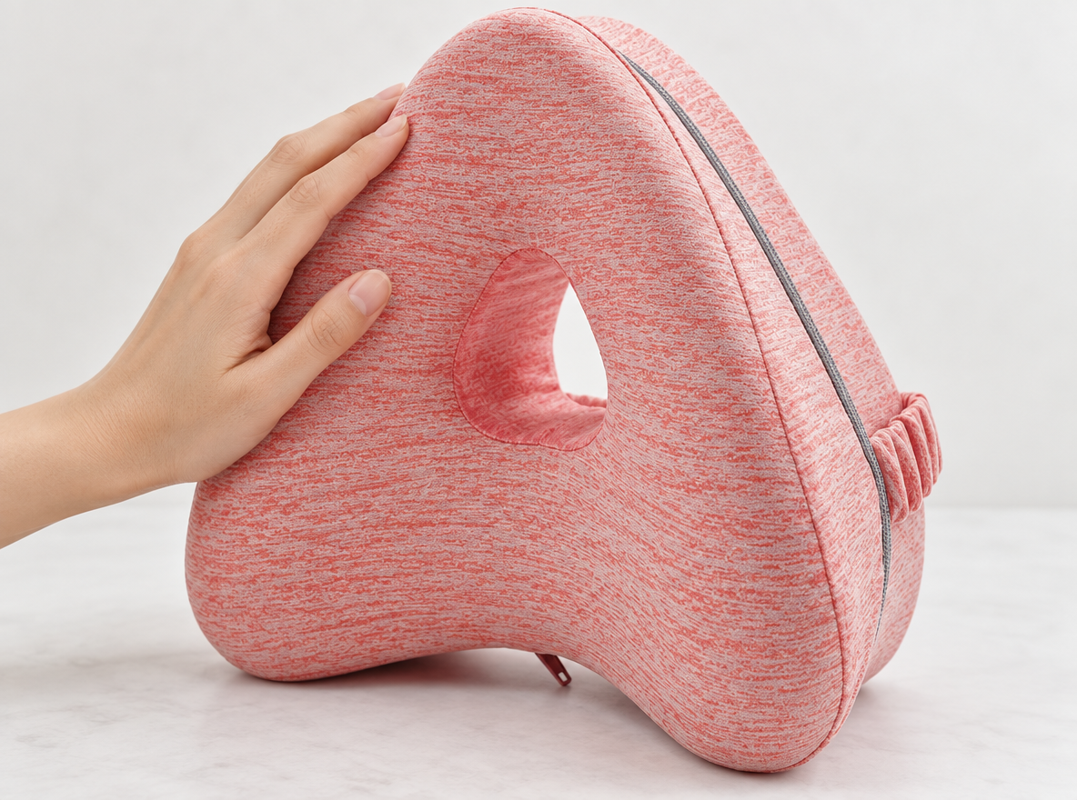 [siderest:detail] Close-up of the pink SideRest pillow, with a hand resting on the textured cover and the contour and zip visible.