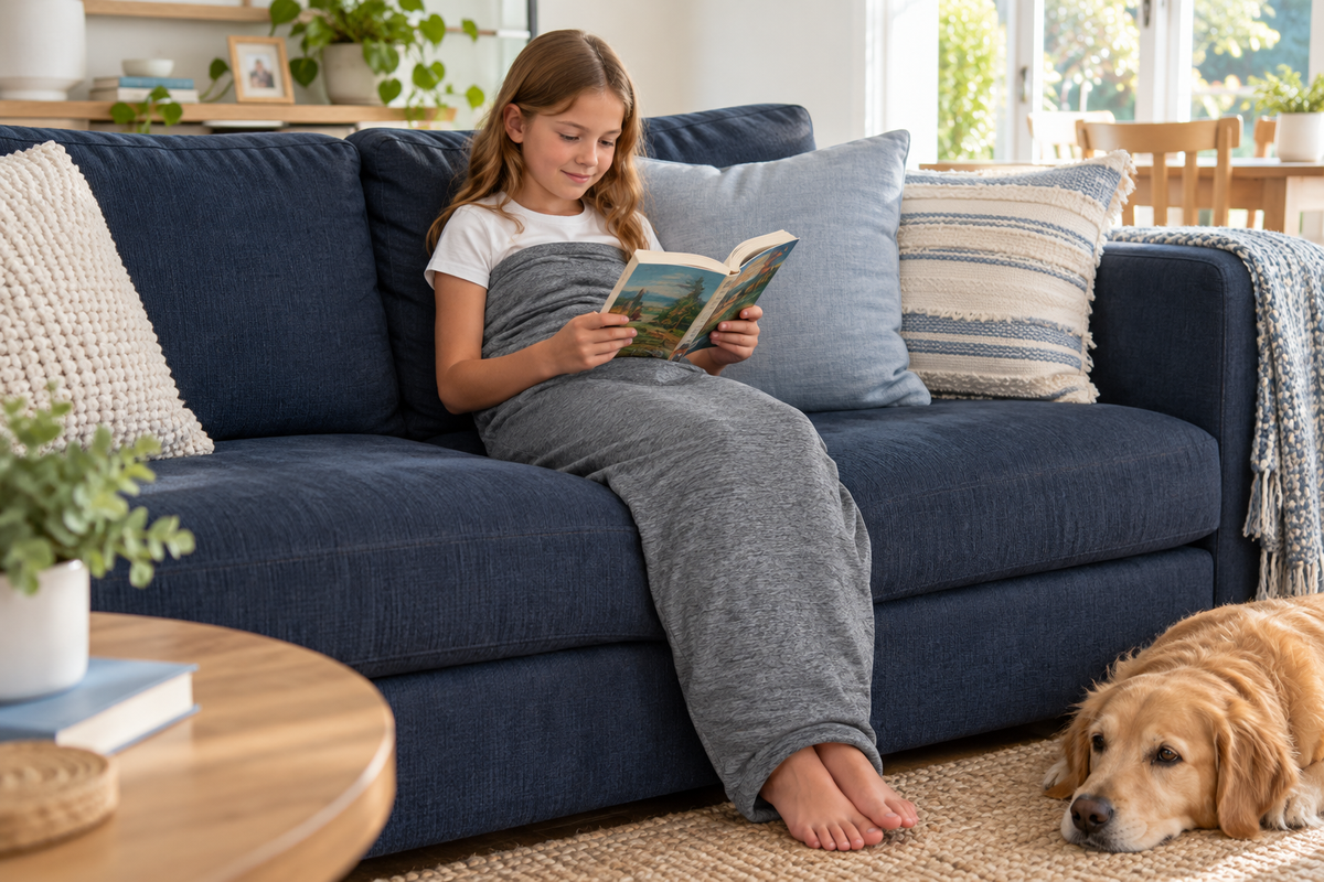 A child in a grey compression pod reading on a blue sofa
